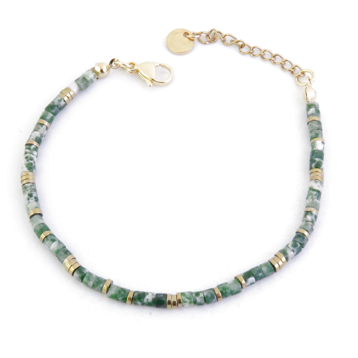 PULSERA DE ACERO INOXIDABLE CON PIEDRA EN FORMA DE DISCO DE JASPE MUSGO DE 3 MM LARGO 17 + 3 CM