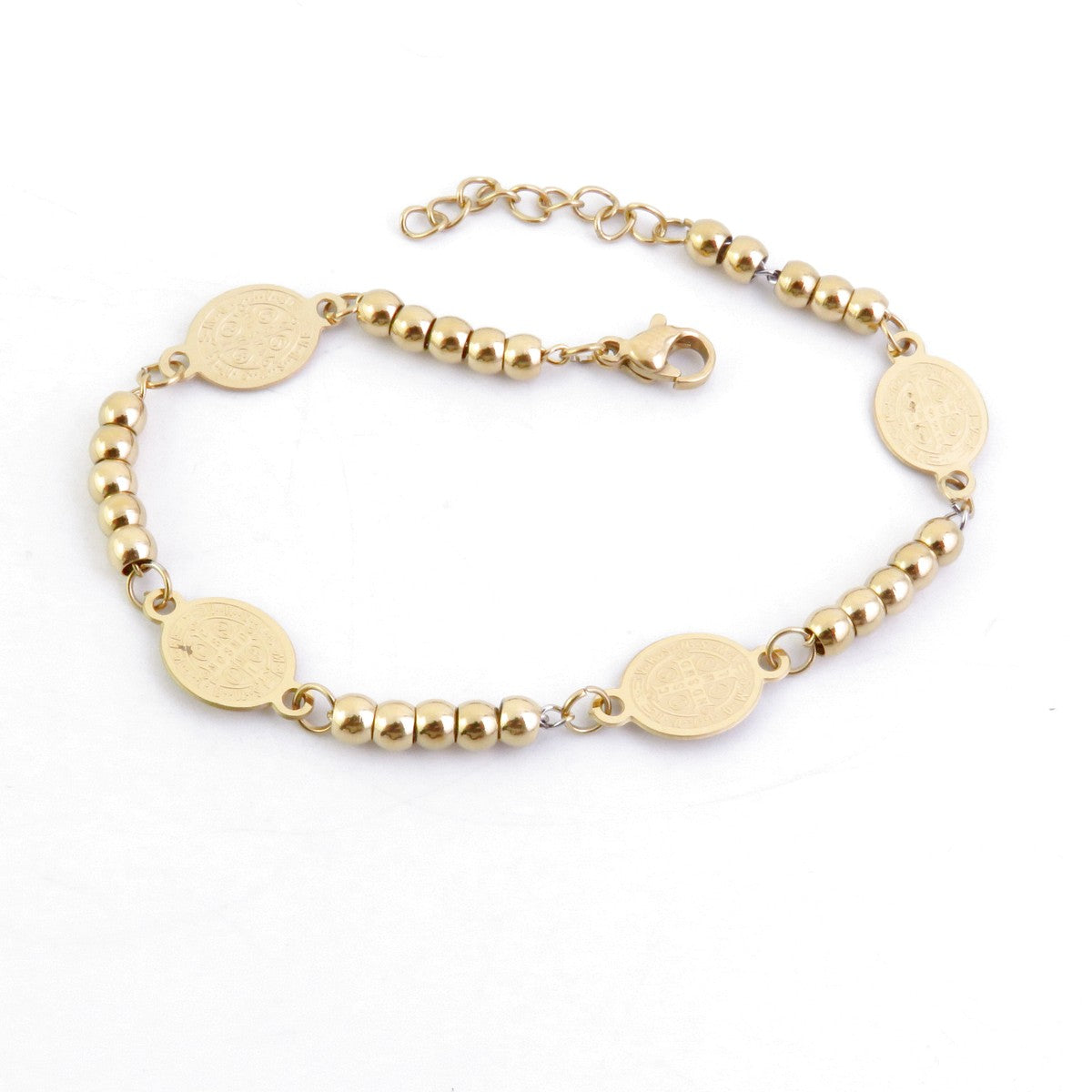 PULSERA DE ACERO INOXIDABLE DE 17 + 3 CM CON DIJES DE SAN BENITO DE 16 X 9 MM Y BOLAS DE 4 MM